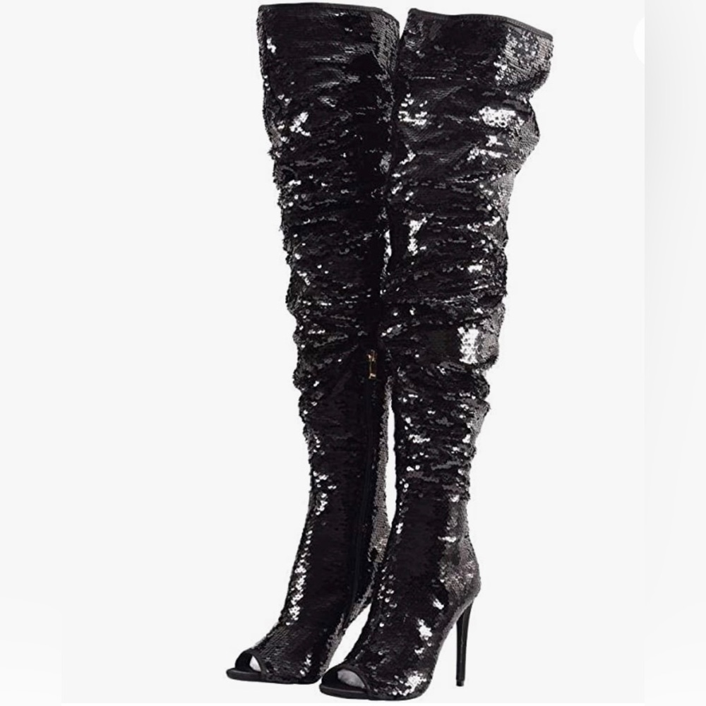 Sequin Thigh High Heel Boots - Picture 3 of 7
